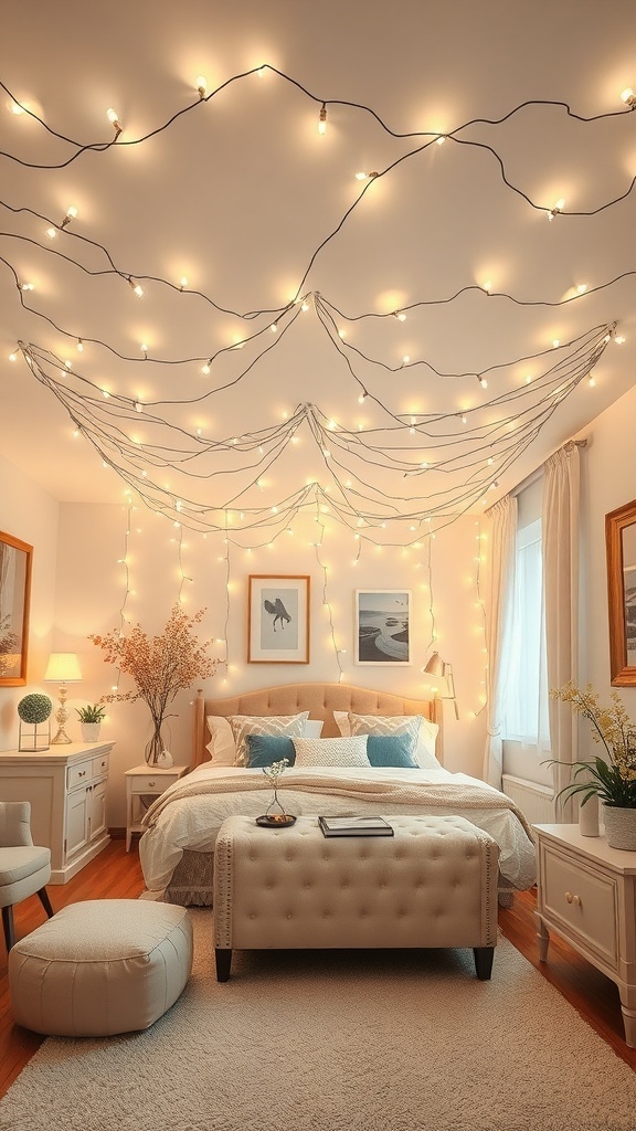 A cozy bedroom with fairy lights draped across the ceiling, creating a warm and inviting atmosphere.