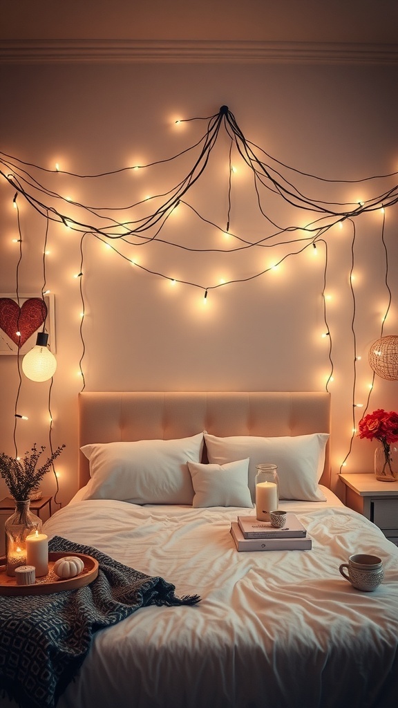 A rustic romantic bedroom with fairy lights hanging above the bed, creating a cozy atmosphere.