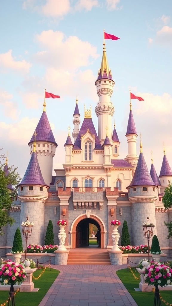 A whimsical fairy tale castle with purple turrets, vibrant flags, and lush gardens.