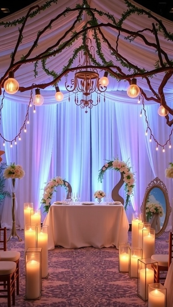 A beautifully decorated bridal shower scene with soft drapes, candles, and floral arrangements.