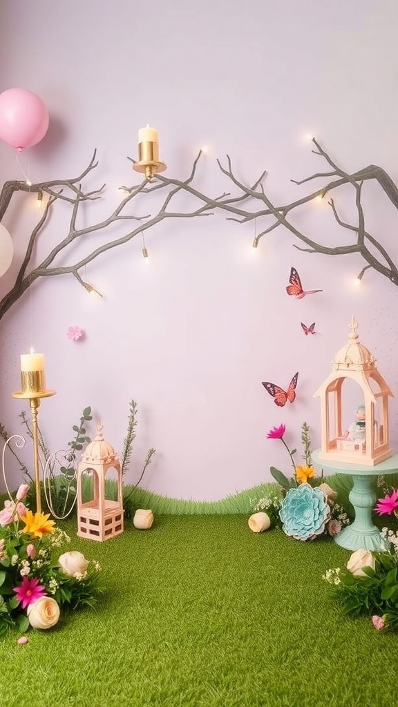 Whimsical fairy tale themed photo backdrop with branches, flowers, lanterns, and butterflies.