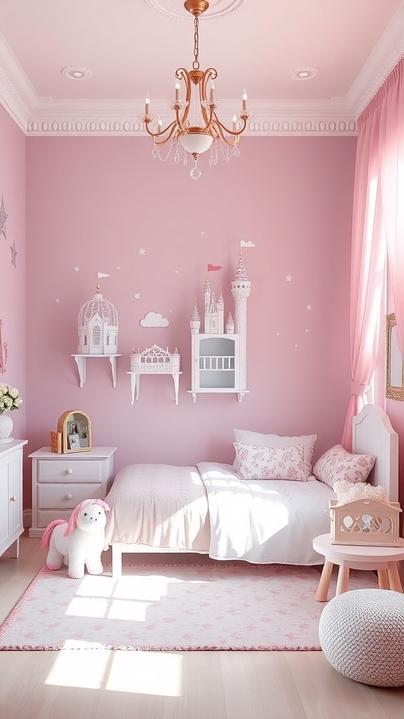 A whimsical children's bedroom with pink walls, castle decor, and cozy furnishings.