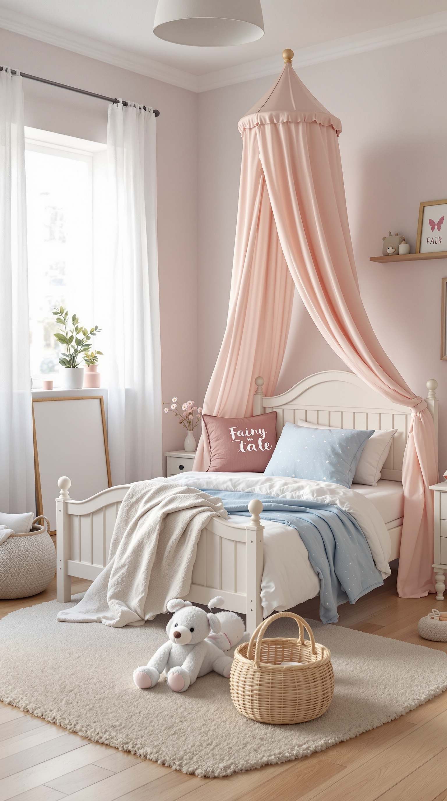 A cozy toddler bedroom with a pink canopy bed, soft pillows, and playful decor.