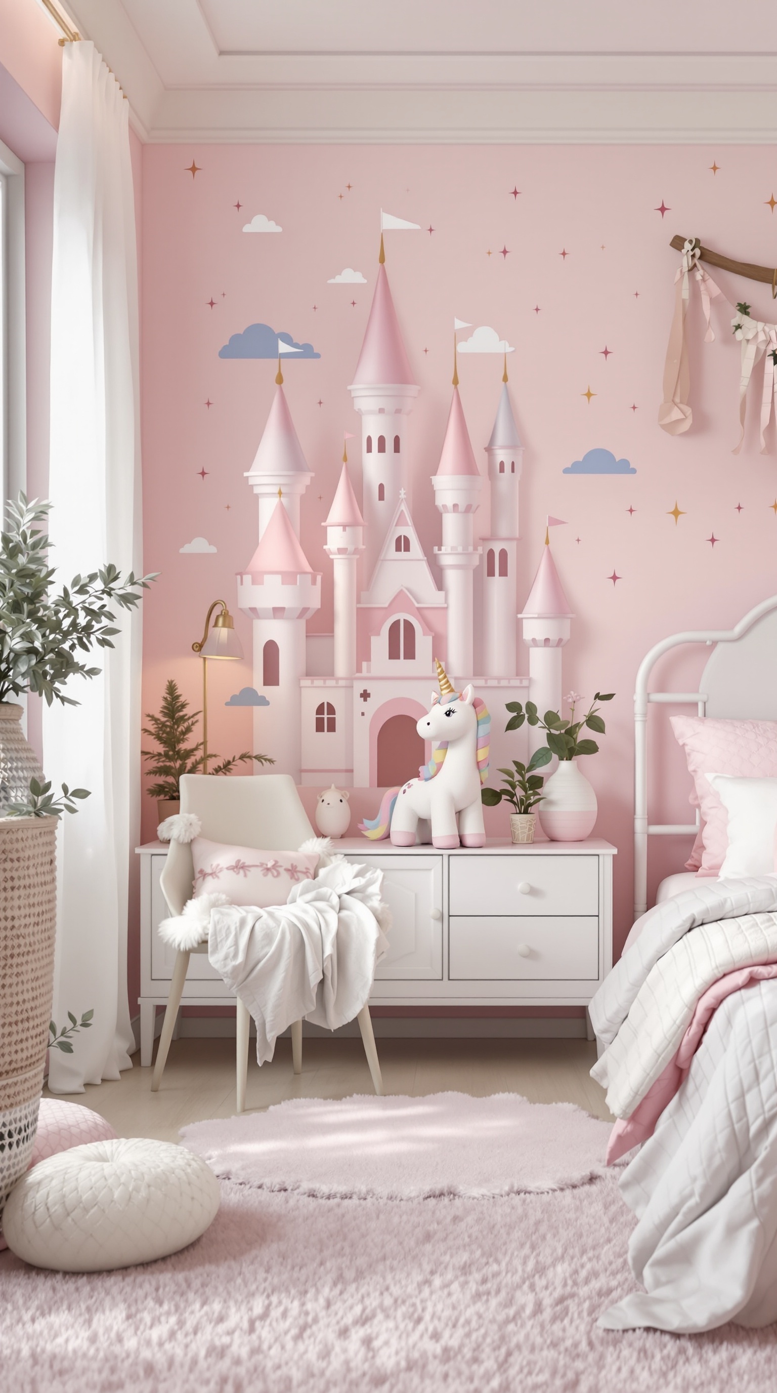 A toddler girl's bedroom with a pink castle mural, unicorn plush toy, and cozy decor.