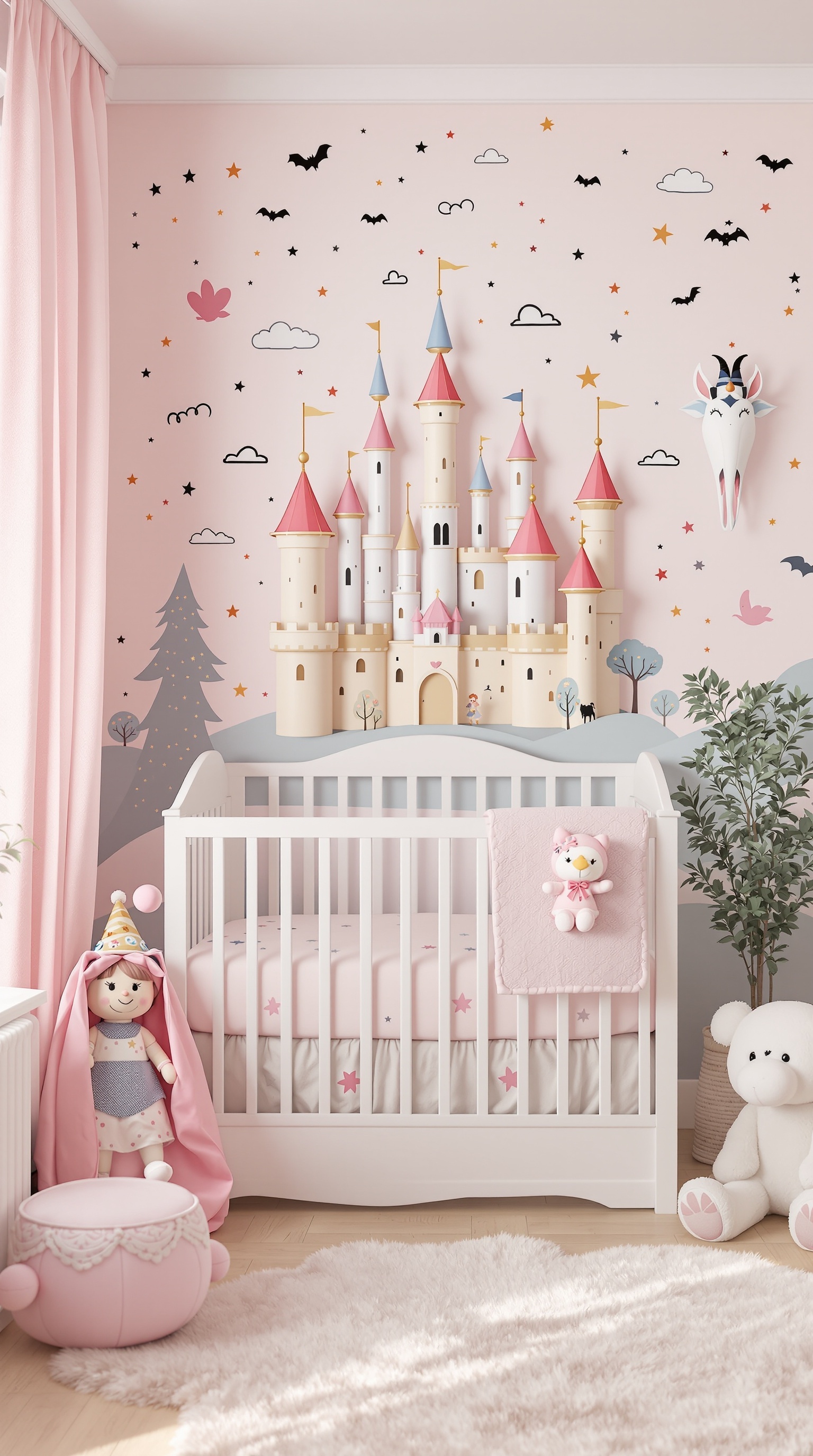 A baby girl's bedroom featuring a whimsical fairy tale theme with a castle mural, pink decor, and cozy furnishings.
