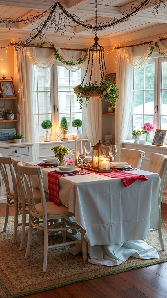 A whimsical dining area with a lantern centerpiece, floral decorations, and warm lighting.