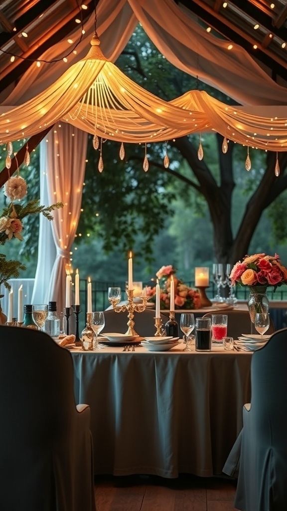 A beautifully decorated table for a whimsical fairytale bridal shower, featuring elegant settings and soft lighting.