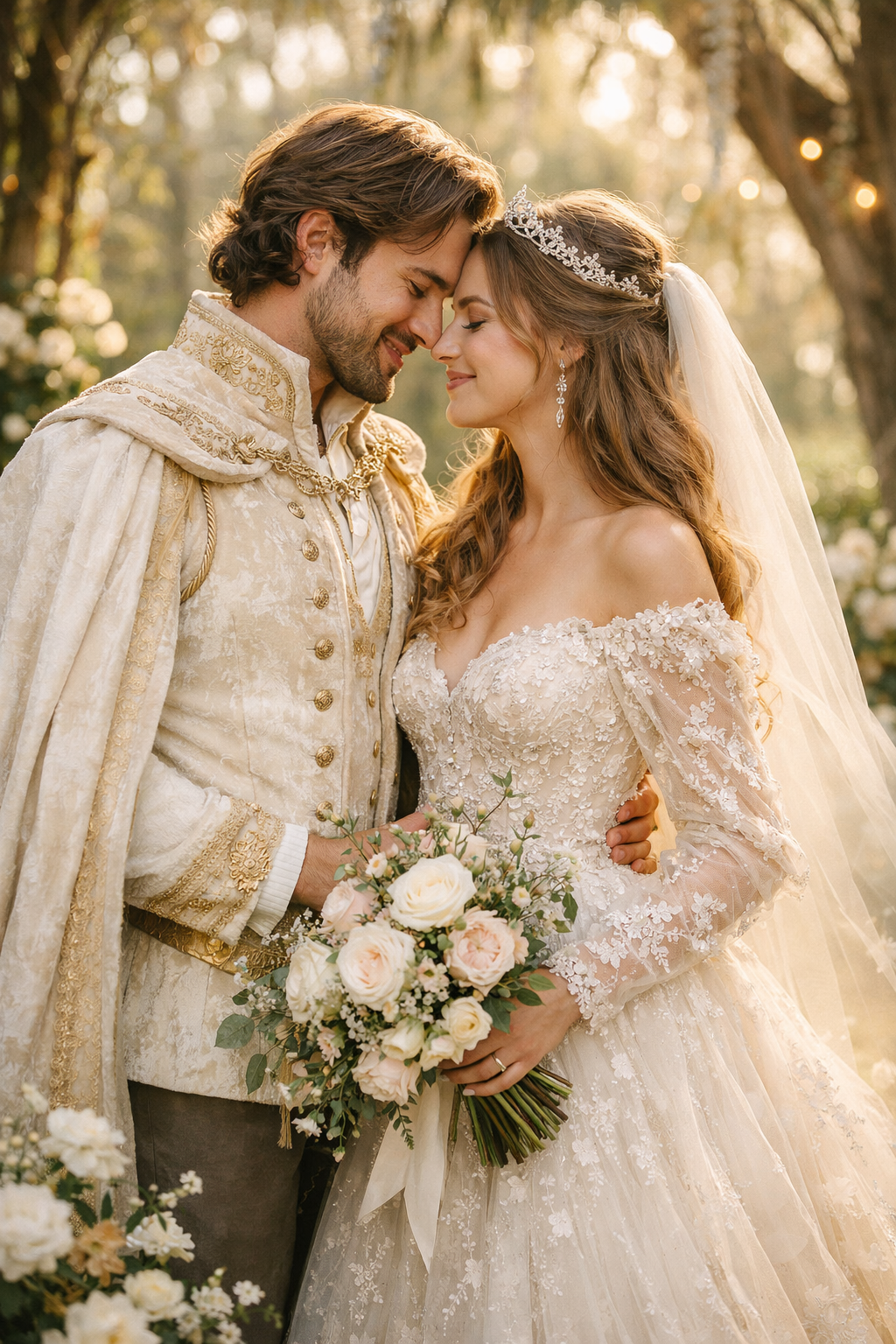 A couple in a whimsical fairytale-themed engagement photo taken in the woods, dressed in elegant attire with a beautiful bouquet.