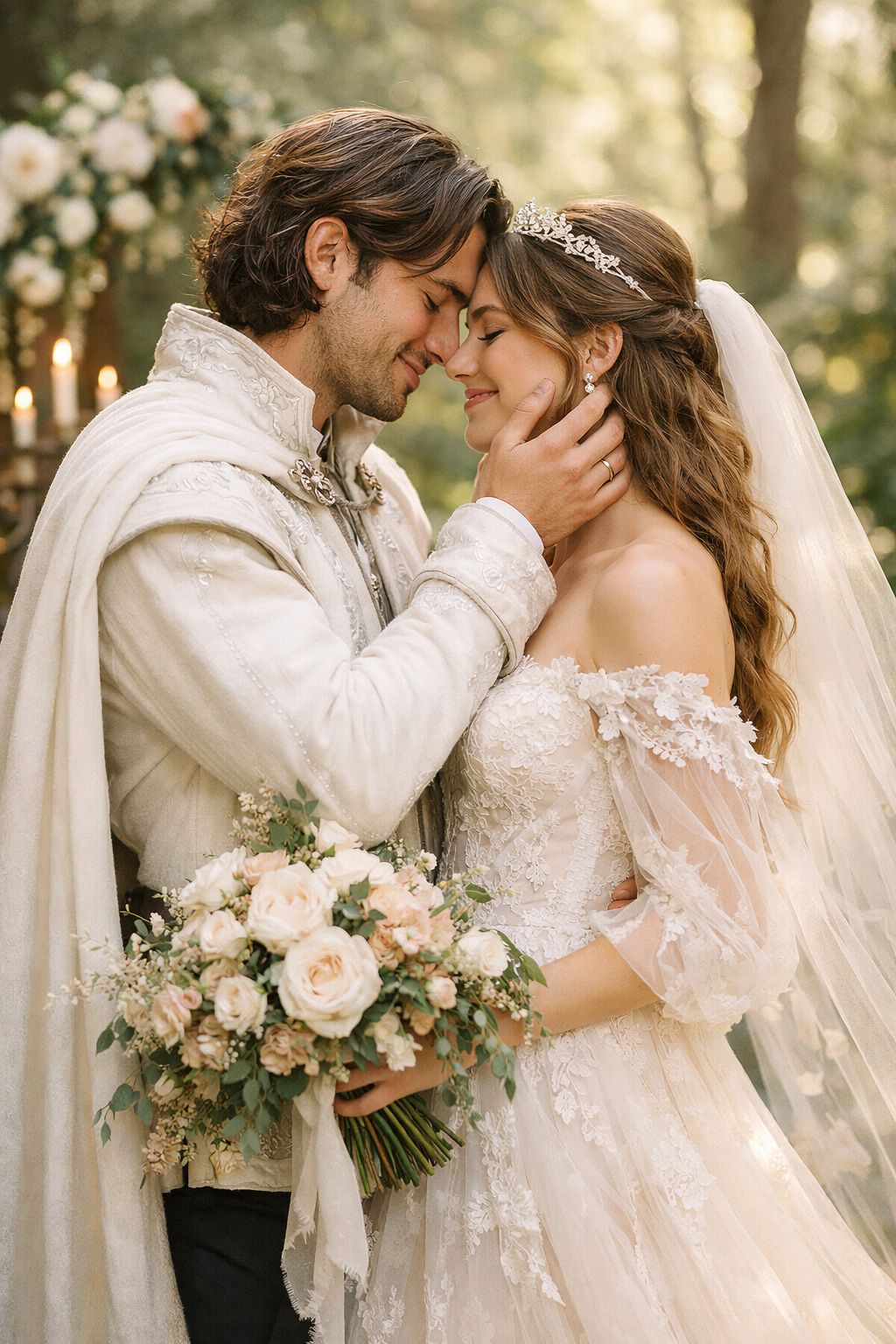 Couple embracing in a fairytale-themed engagement photo, with ornate attire and a natural backdrop.