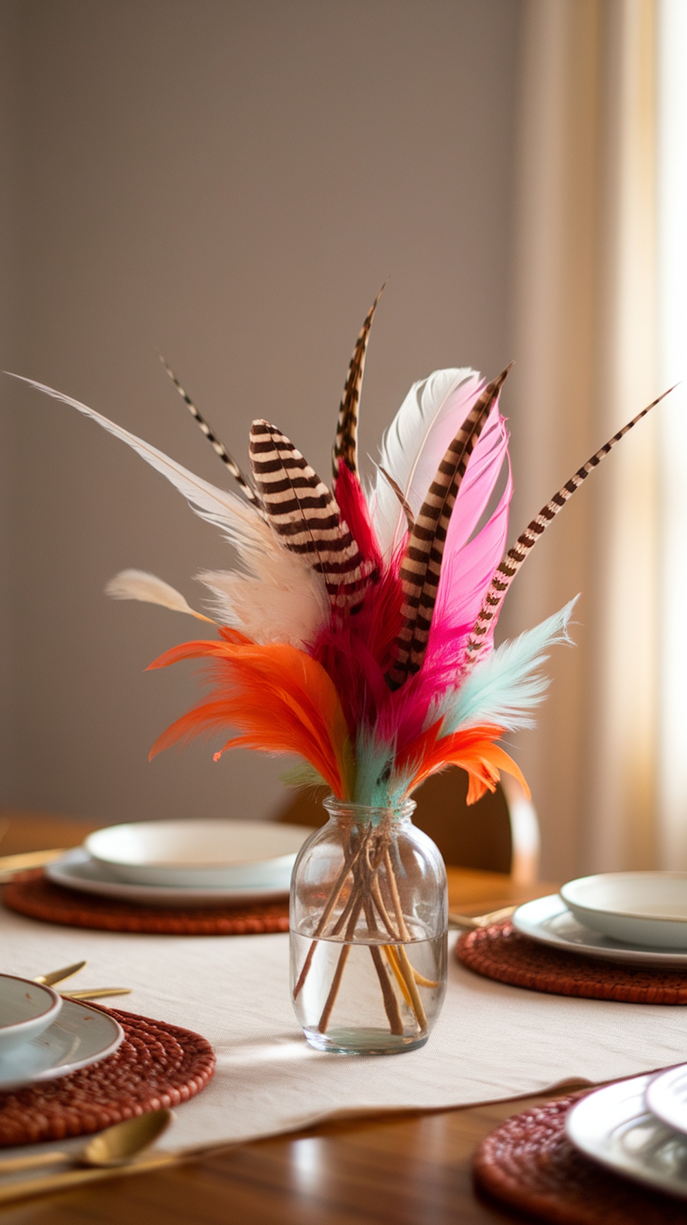 Colorful feather centerpiece in a glass vase on a dining table