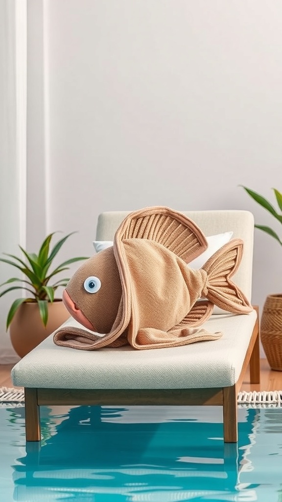 A whimsical fish towel displayed on a lounge chair by a pool, featuring a cute fish design with fins and a smiling face.
