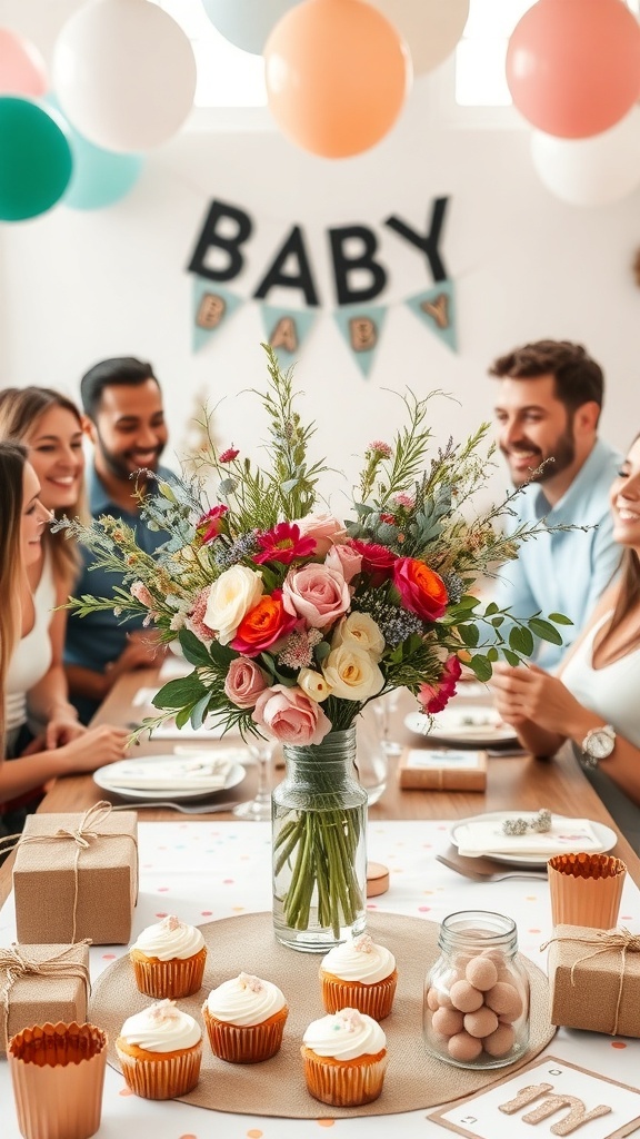 A vibrant floral centerpiece at a baby shower with cupcakes and gifts on the table.