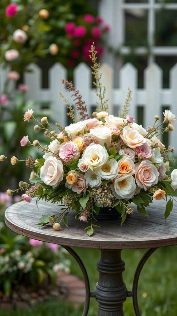 A beautiful floral centerpiece featuring soft pastel roses and wildflowers on a rustic wooden table.