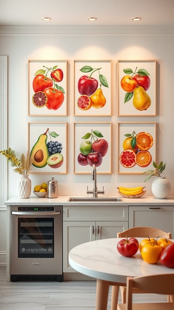 Colorful fruit prints hanging on a kitchen wall above a modern sink and countertop.