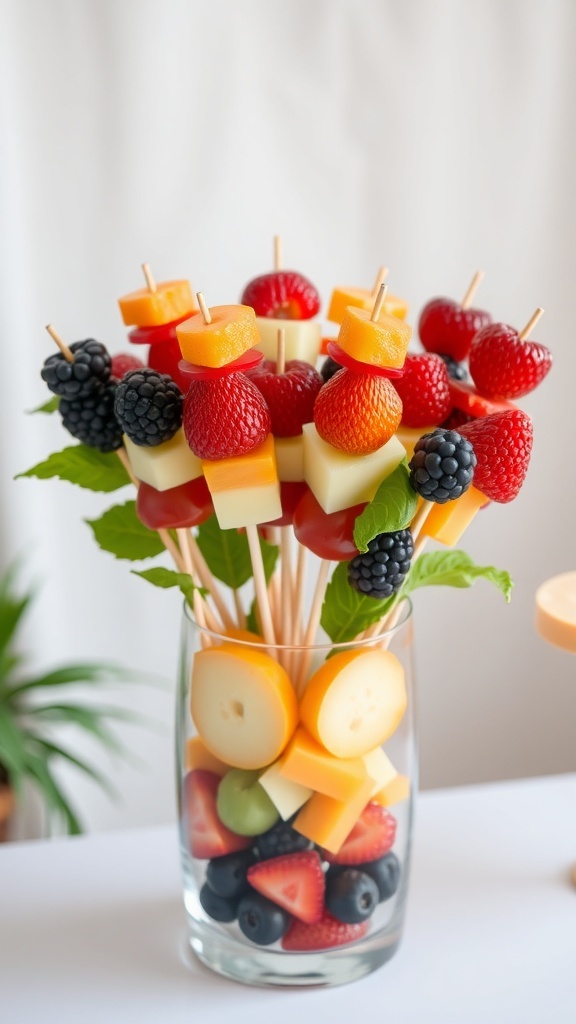 Colorful fruit skewers with strawberries, melons, and blackberries arranged in a glass vase.