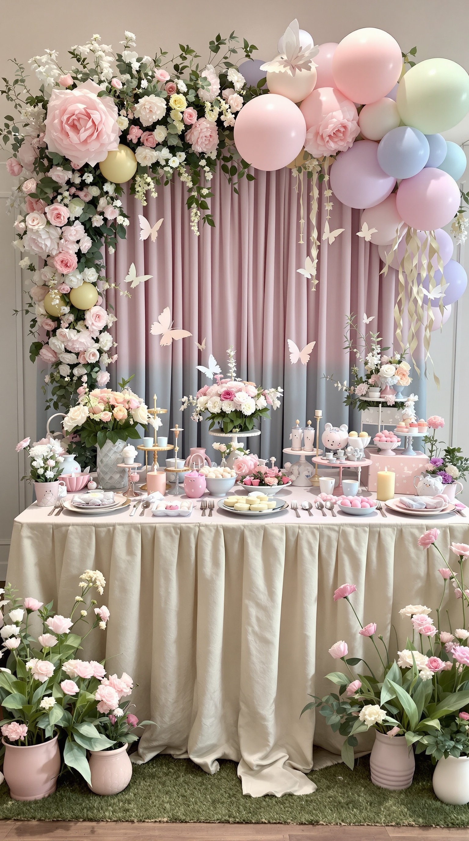 A beautifully decorated baby shower table with pastel balloons, flowers, and desserts.