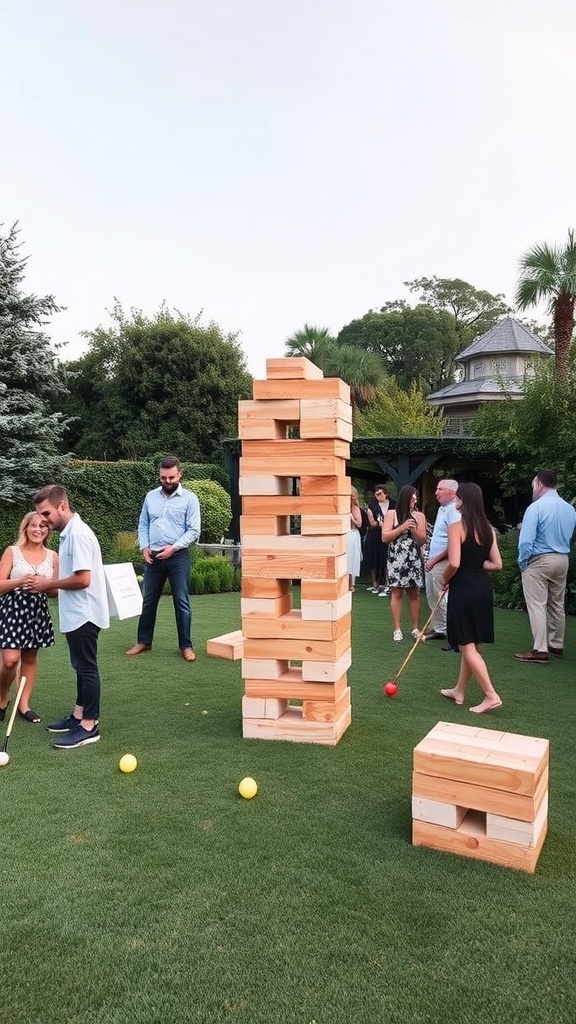Guests enjoying a garden party with games like oversized Jenga and croquet.