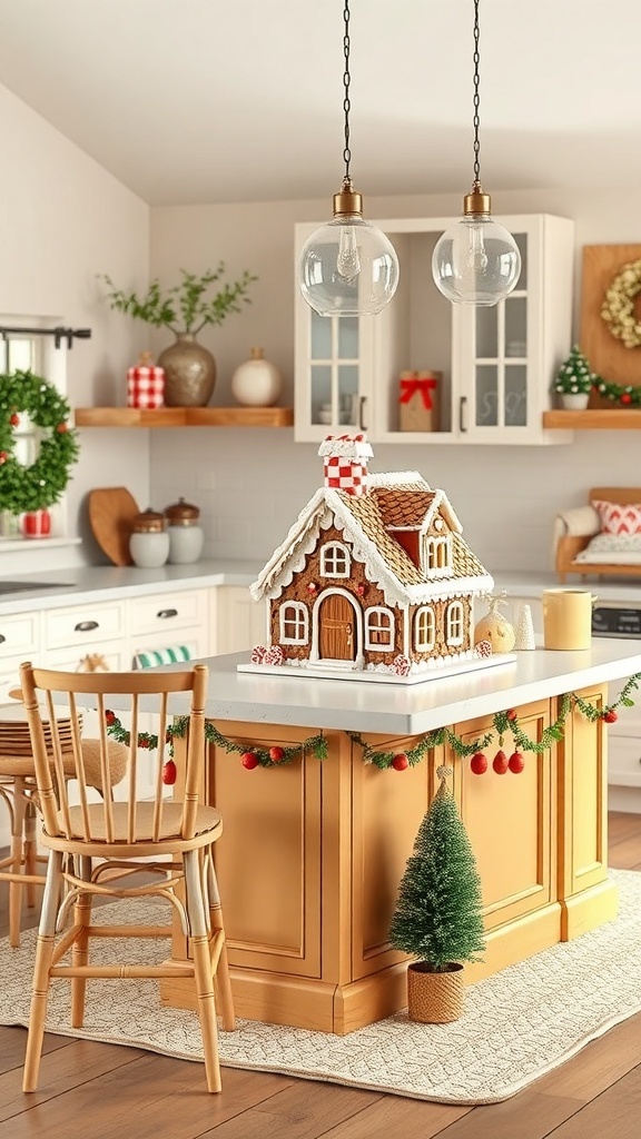 A kitchen island decorated with a gingerbread house and festive garlands.