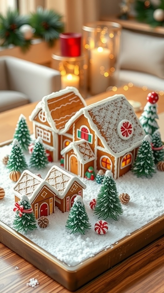 A whimsical gingerbread village with decorated houses and snowy icing on a tray.