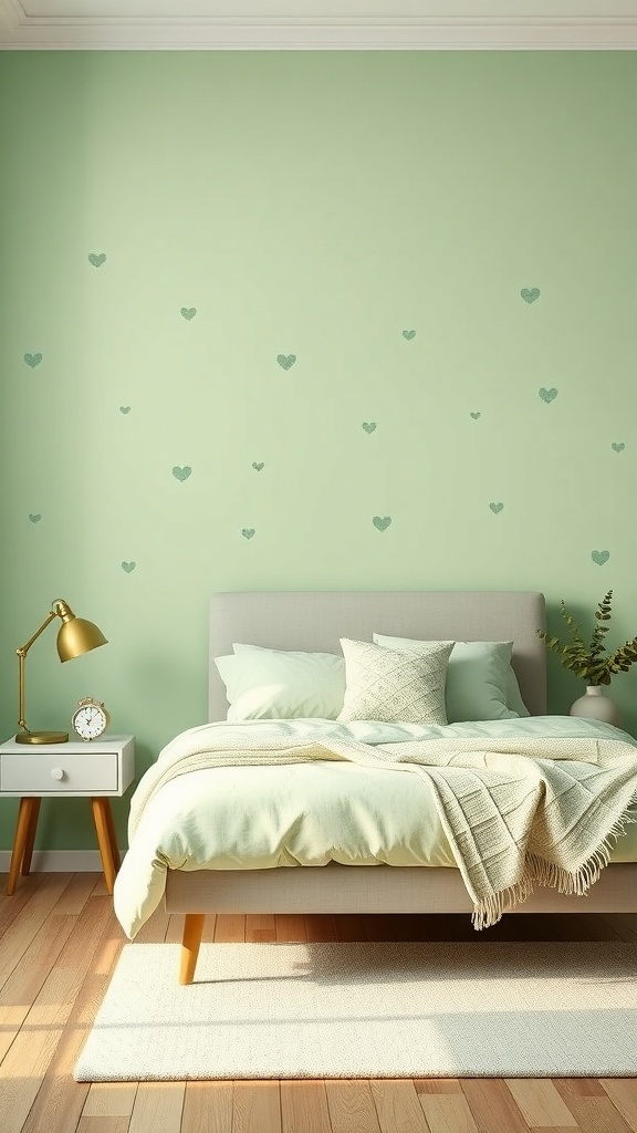 A light green bedroom with heart-patterned walls, a cozy bed, and stylish decor.