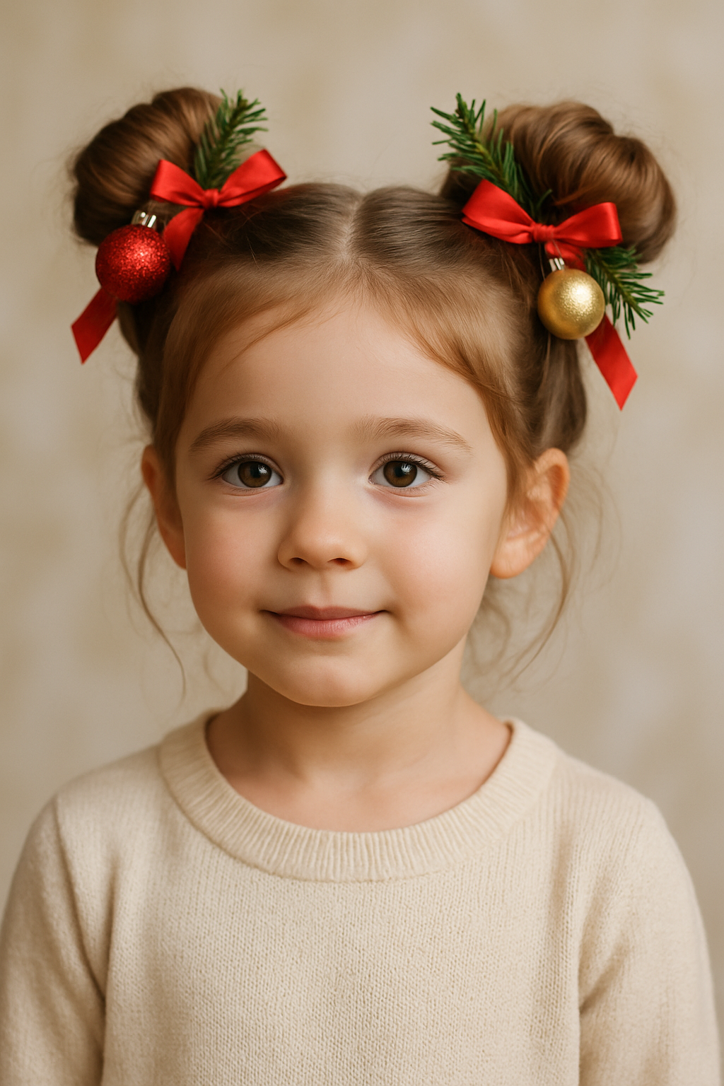 A young girl with holiday-themed buns decorated with ribbons and ornaments.