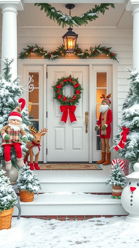 A winter porch decorated with a snowman, reindeer, and festive wreaths, surrounded by snow.