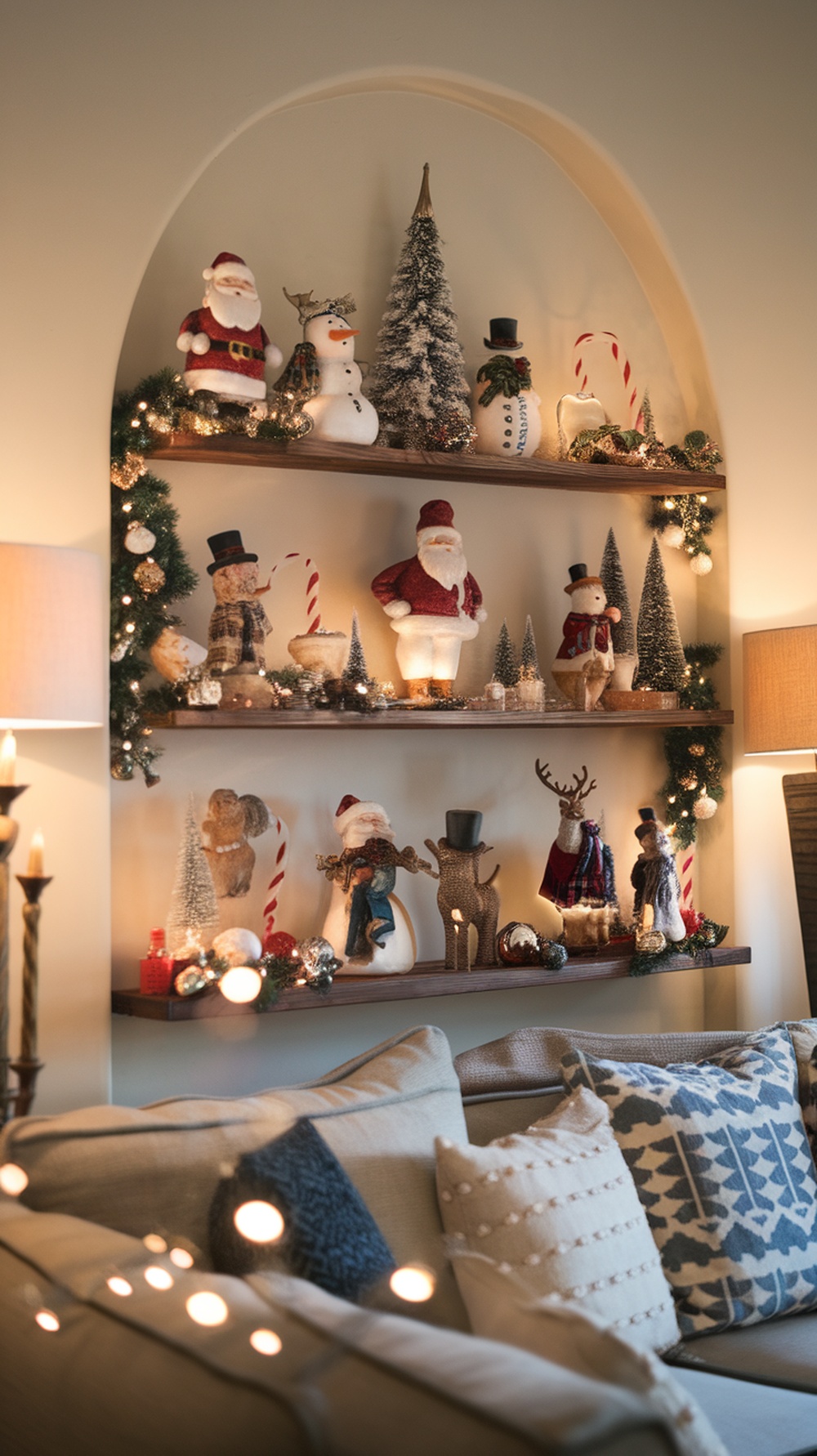 A cozy shelf decorated with whimsical holiday figurines including Santa, snowmen, and reindeer, surrounded by festive lights and greenery.