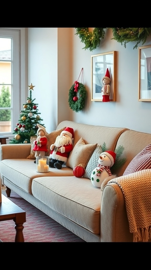 A cozy couch decorated for Christmas with whimsical holiday figurines including Santa and a snowman.
