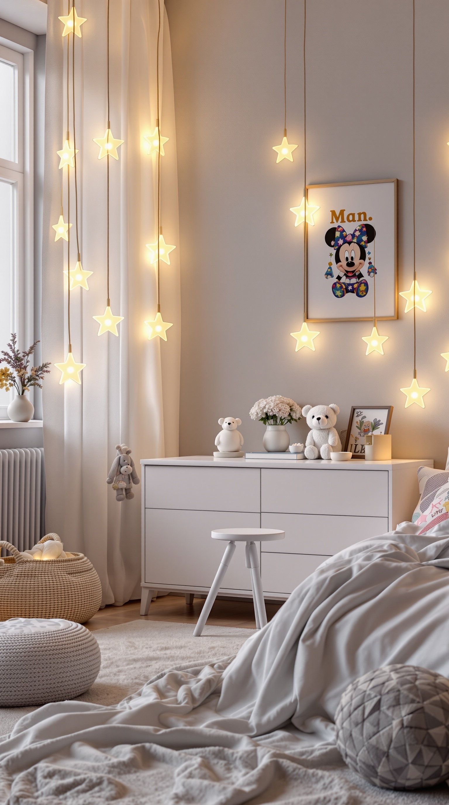 A cozy toddler room featuring star-shaped lights, soft toys, and a warm color palette.