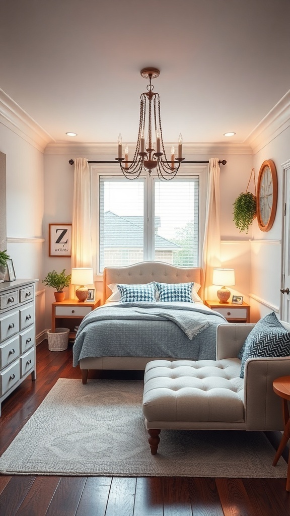 A preppy teen bedroom featuring a stylish chandelier and warm bedside lamps.