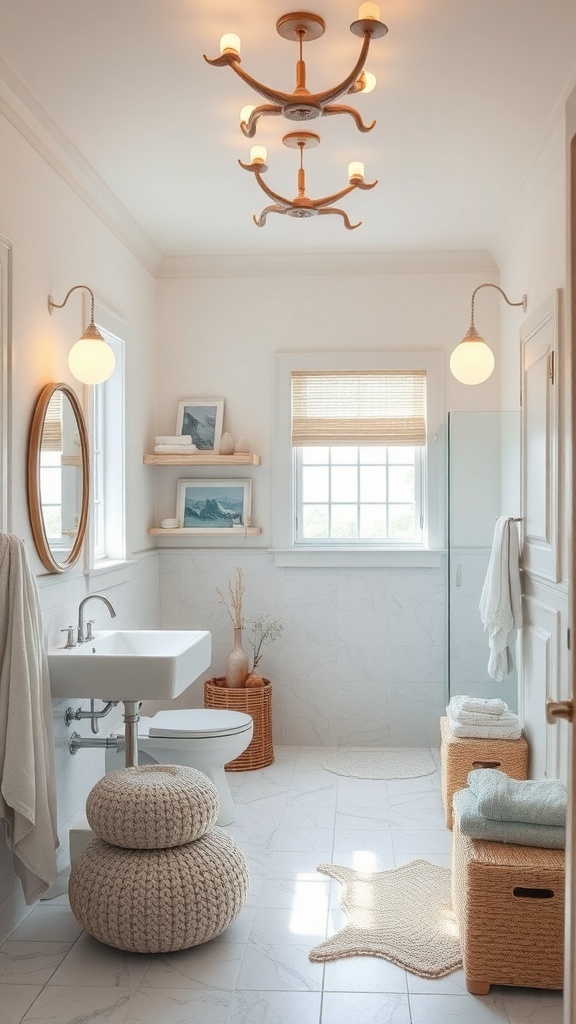 A bright bathroom featuring whimsical lighting fixtures, including a unique chandelier and wall sconces, creating a cozy coastal atmosphere.