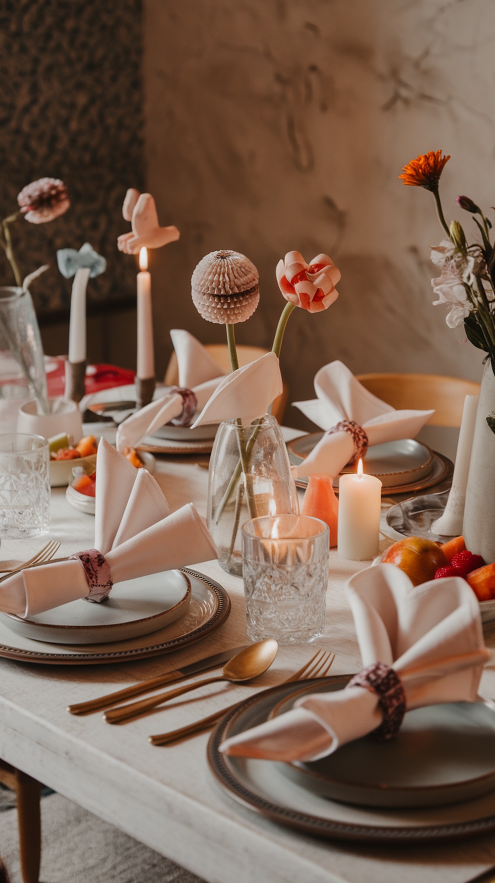 A beautifully set Thanksgiving table featuring whimsical napkin folding with decorative napkin rings.