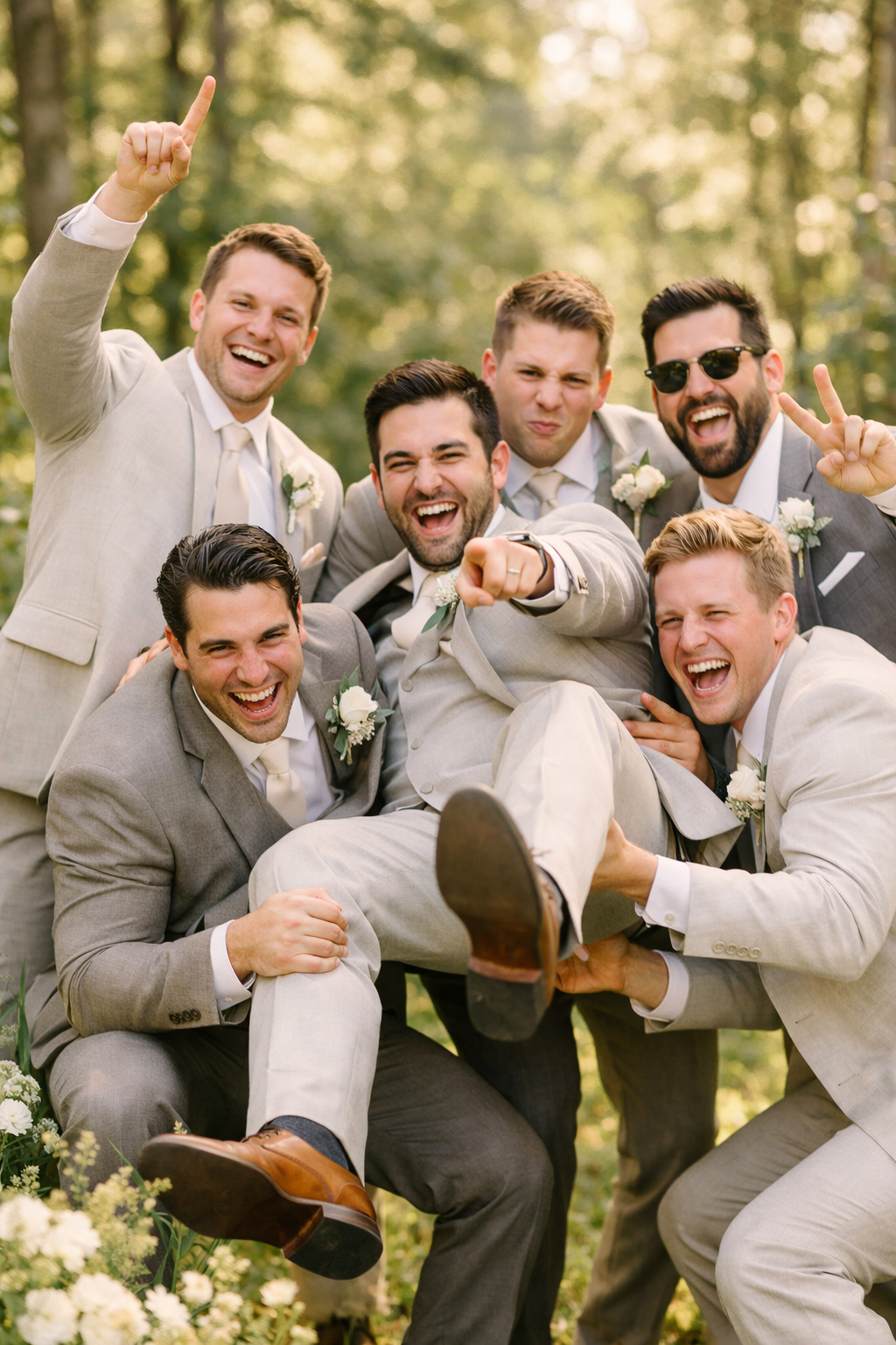 A group of groomsmen in light gray suits posing joyfully in a natural outdoor setting, showcasing expressions of fun and friendship.