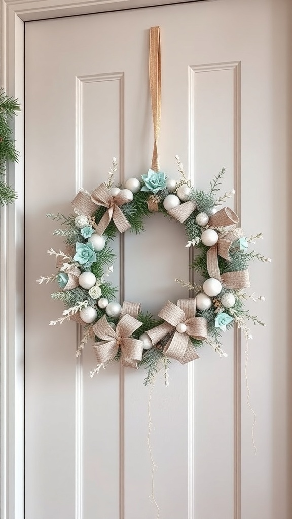 A whimsical neutral wreath with light blue flowers, burlap bows, and ornaments, hanging on a door.