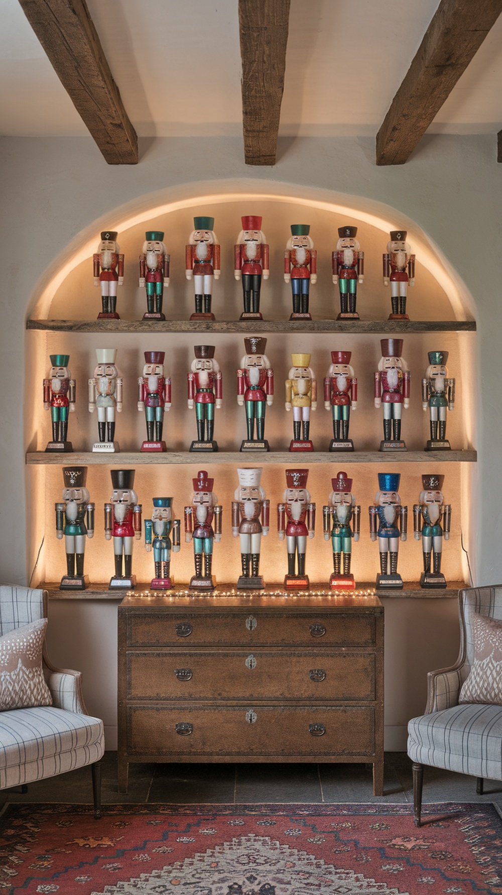 A collection of colorful nutcracker figurines displayed on shelves with warm lighting.
