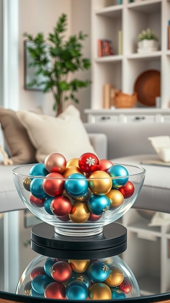 A glass bowl filled with colorful Christmas ornaments on a coffee table.