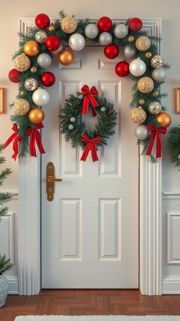 A beautifully decorated door with an arch of colorful ornaments and a festive wreath.