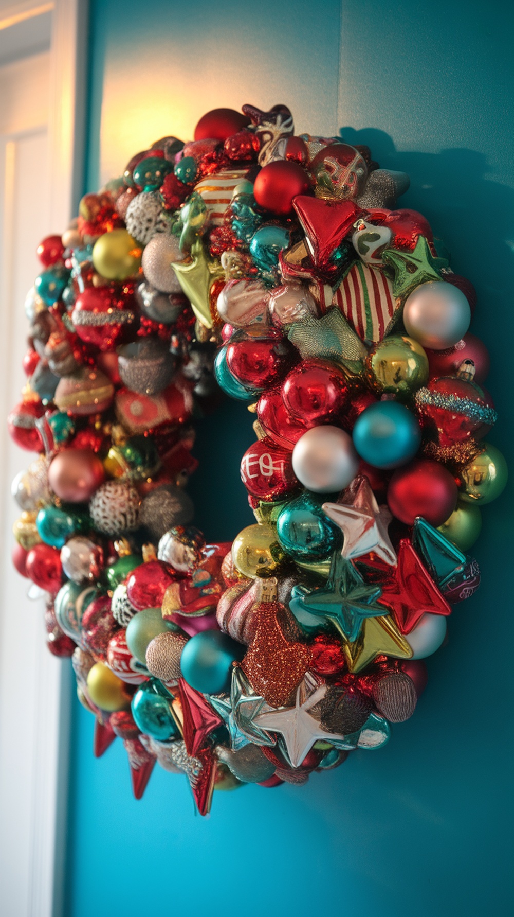 A colorful Christmas wreath made of various shiny ornaments, including red, teal, and gold, hanging on a blue wall.