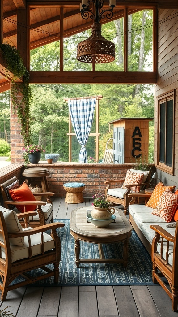 Cozy outdoor seating area with wooden chairs, colorful pillows, and a central table, surrounded by nature.