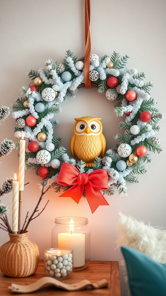 A whimsical winter wreath featuring a cheerful owl, colorful ornaments, and a big red bow.