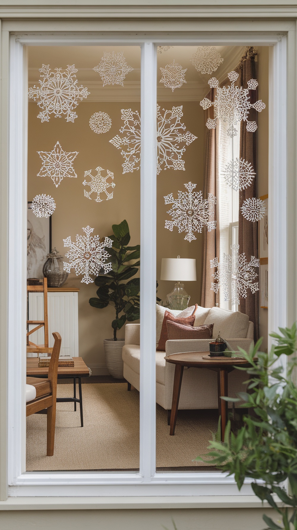 A cozy room with paper snowflakes on the window, creating a festive atmosphere.