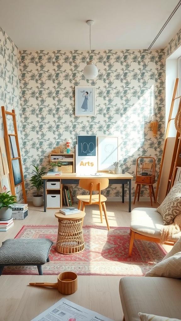 A bright room with leafy patterned wallpaper, a desk, plants, and cozy seating.