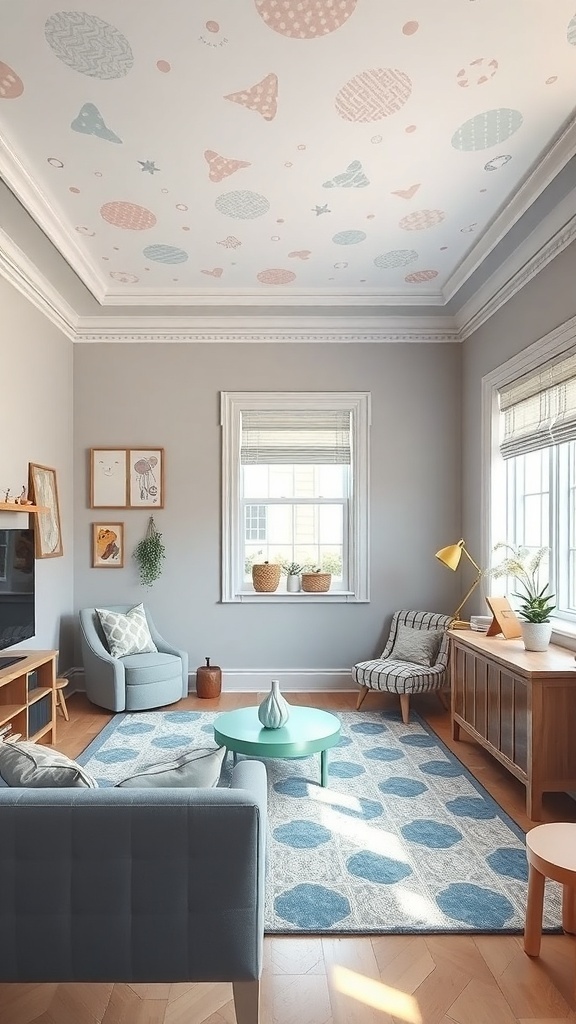 A living room with a whimsical patterned tray ceiling featuring multi-colored dots and shapes.