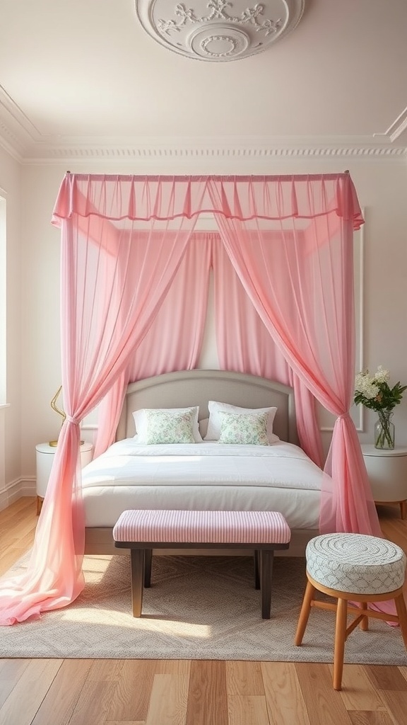 A whimsical pink canopy bed with sheer drapes, plush pillows, and a striped bench in a bright room.
