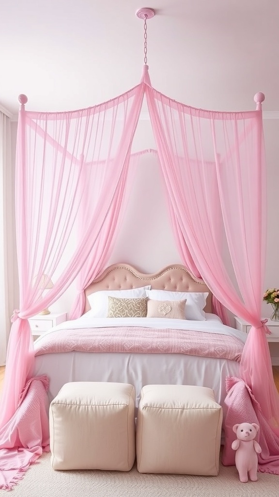 A pink canopy bed with sheer drapes, plush bedding, and soft poufs in a cozy bedroom
