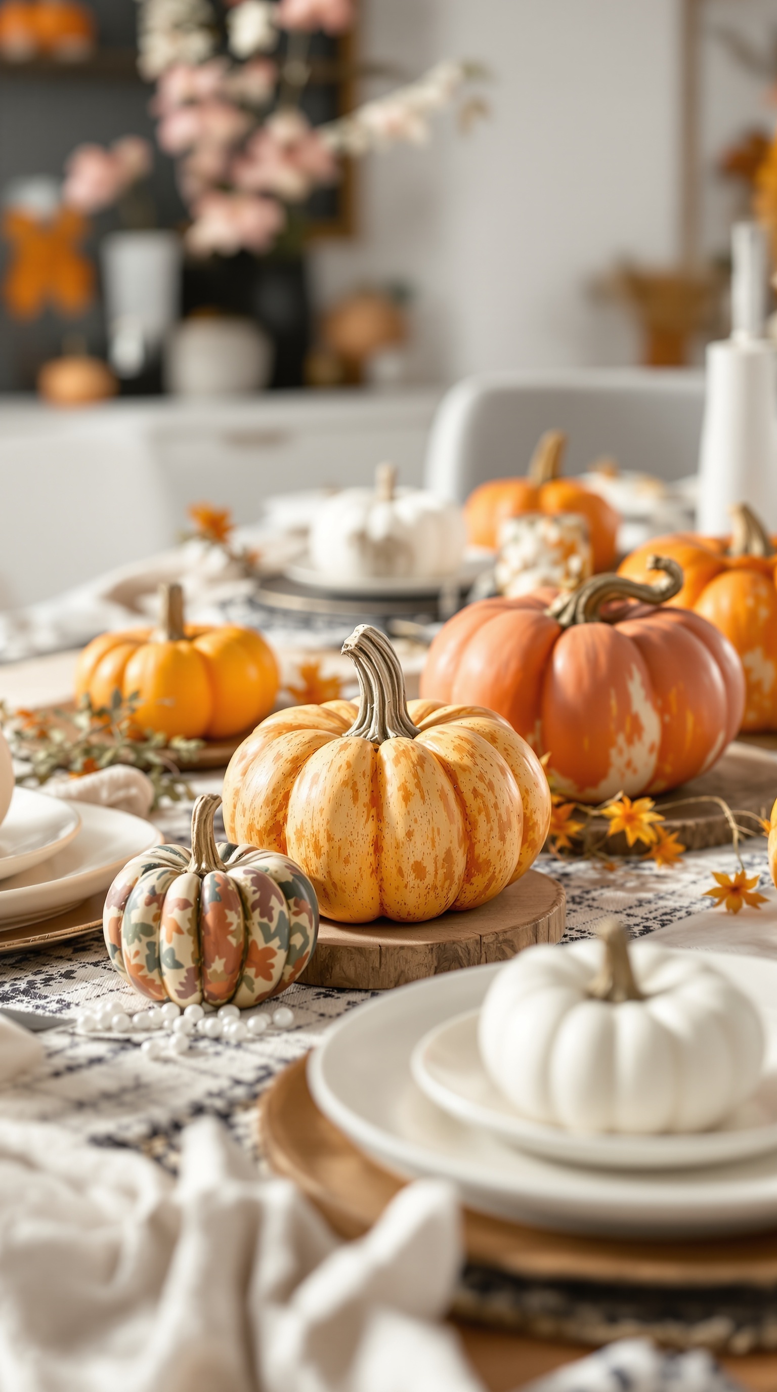 A beautifully arranged Thanksgiving table featuring various pumpkins as centerpieces, showcasing warm colors and natural elements.