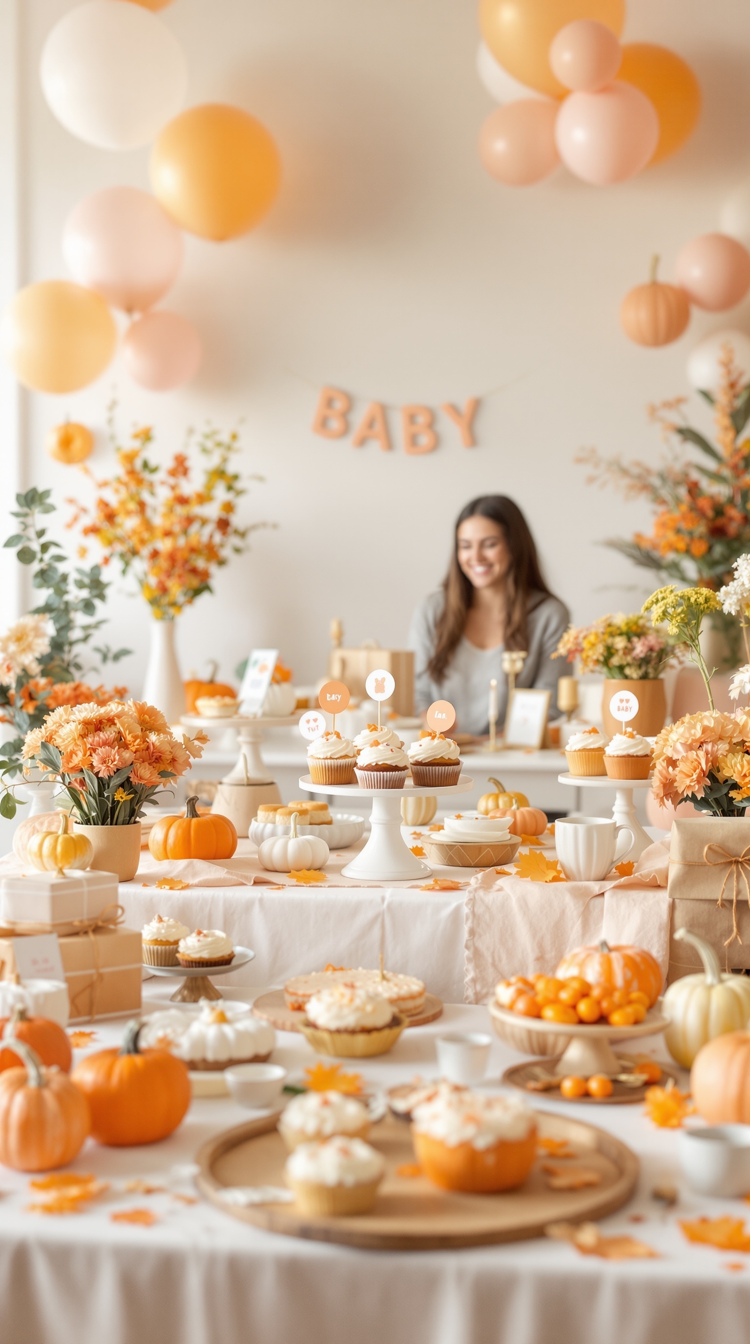 A beautifully arranged pumpkin-themed dessert table for a baby shower, featuring cupcakes, mini pumpkins, and autumn decorations.
