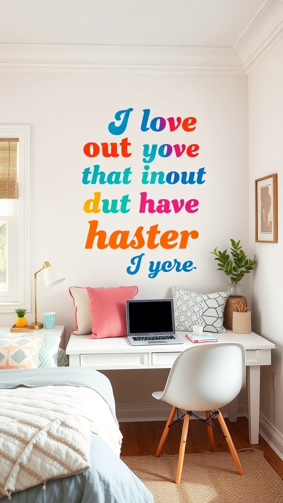 A colorful wall print with a whimsical quote in a cozy room setting.