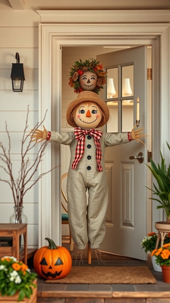 A whimsical scarecrow figure standing at a door, wearing a straw hat and plaid bow tie, with a pumpkin and flowers nearby.