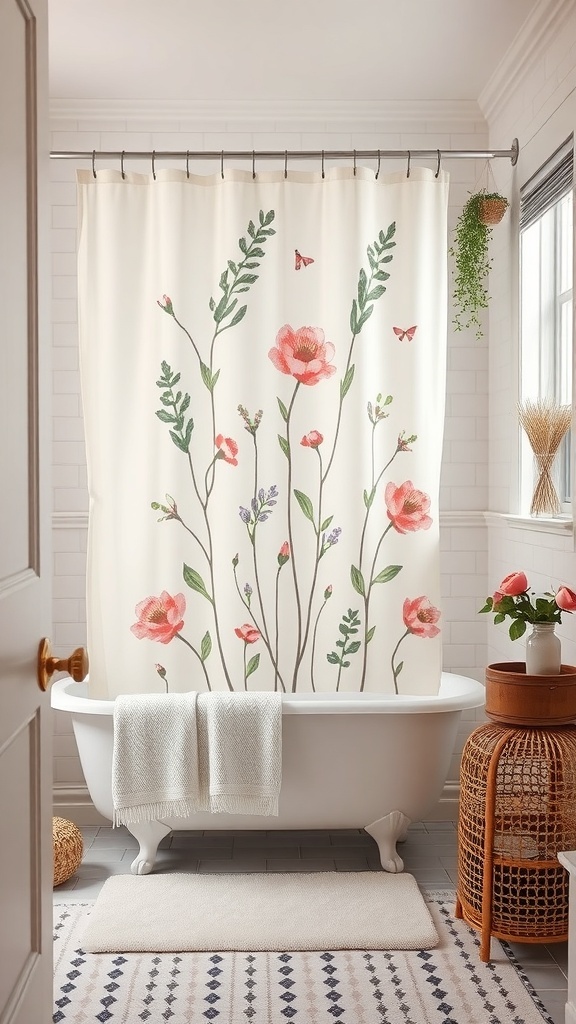 A whimsical shower curtain with floral designs in a cottagecore bathroom